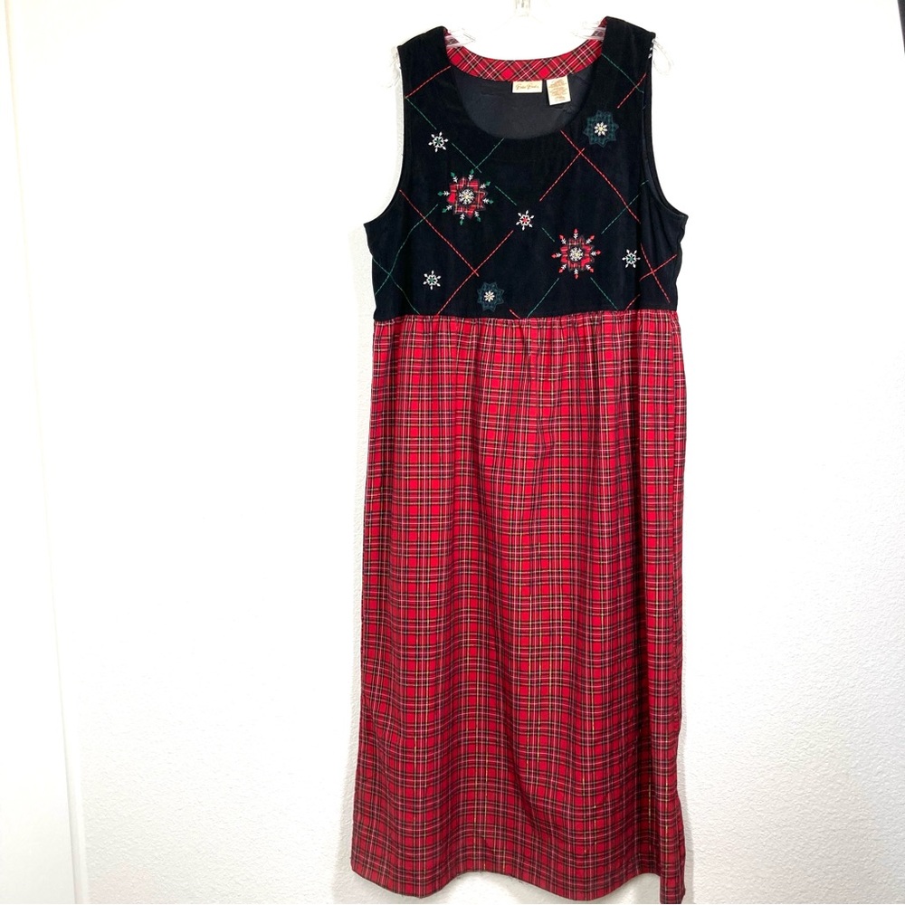 Bobbie Brooks Dress Vintage Large Embroidered Sleeveless Red Black cottage Core
